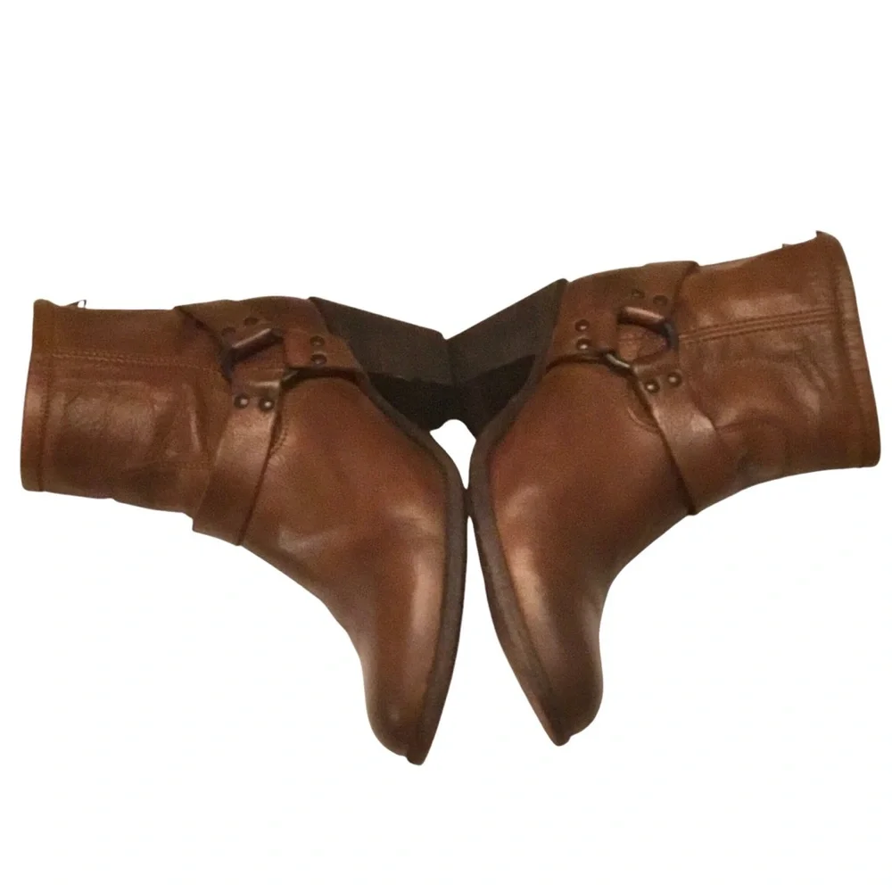 Frye Tabitha Brown Leather Short Ankle Boots Moto Harness Stacked Heel Size-8.5